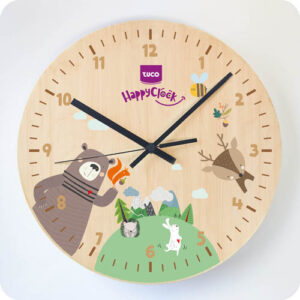 Orologio da parete in legno TUCO. Orologio in legno stampato per la cameretta dei bambini e delle bambine. Orologio per bambini.